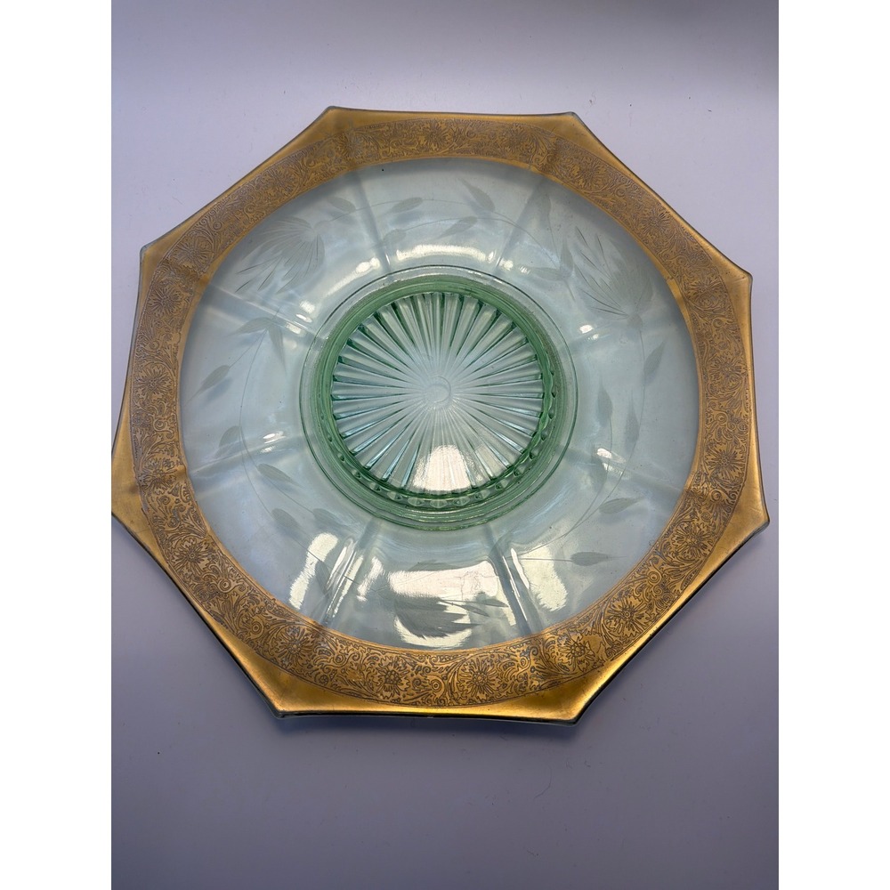 Vintage Green Uranium Glass Octagonal Plate Gold Encrusted Filigree Etched 9.75"